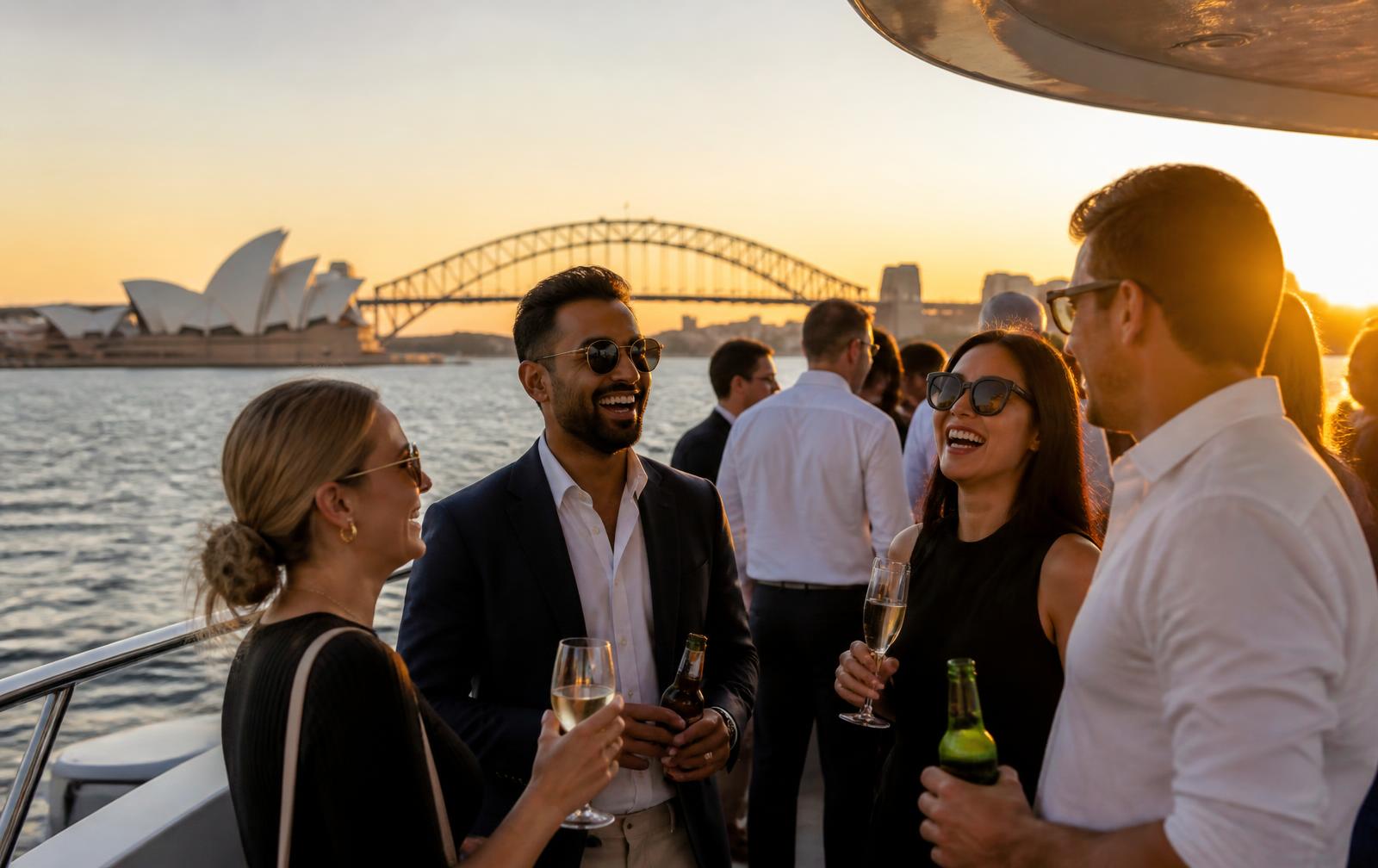 Attendees networking with drinks on a yacht deck on Sydney Harbour at sunset